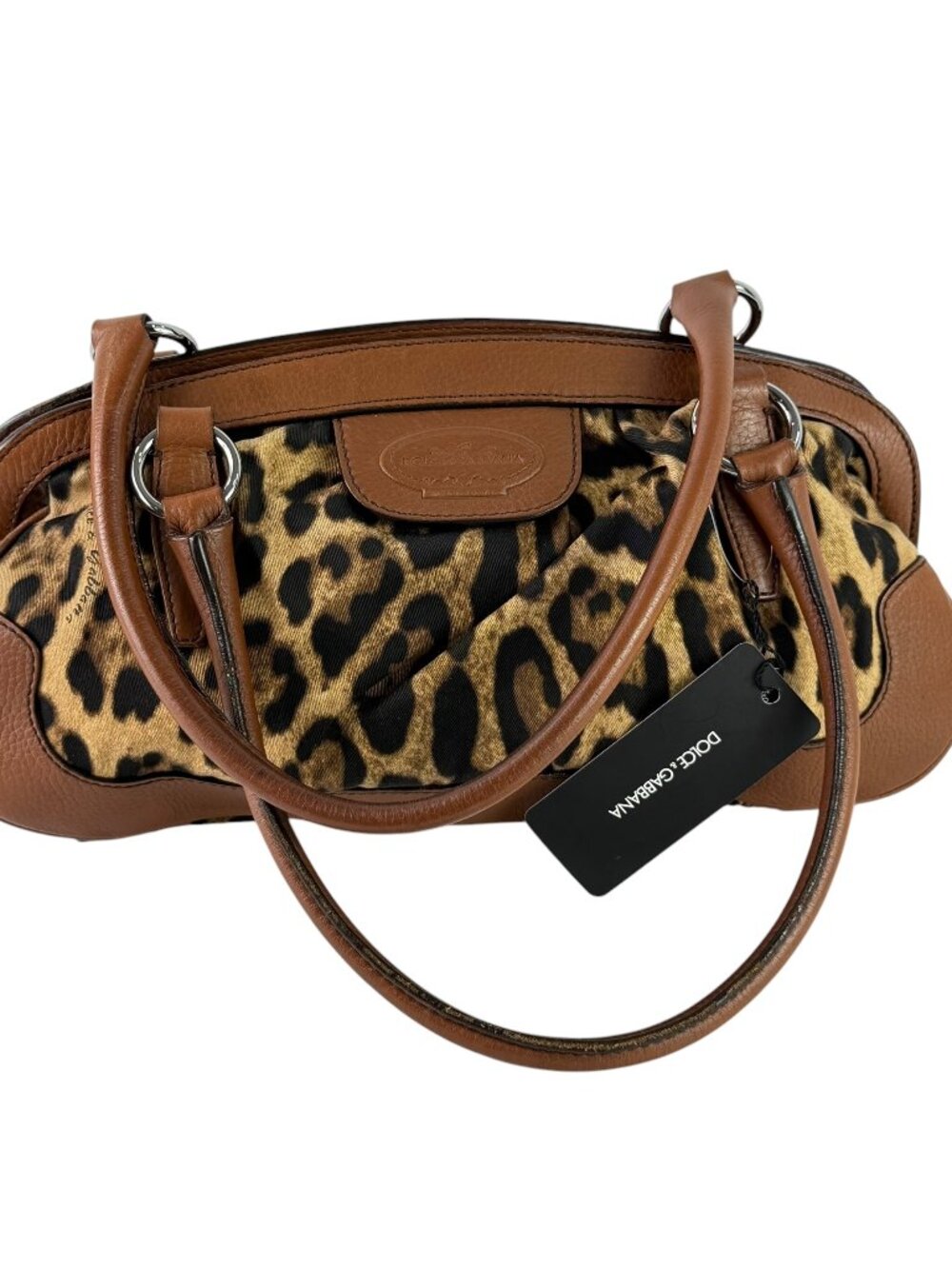 DOLCE & GABBANA Leopard Print Canvas and Brown Leather Satchel Bag Made in Italy - Picture 14 of 15